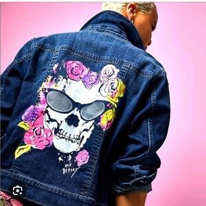 Torrid Blue Denim Jacket with Skull and Roses